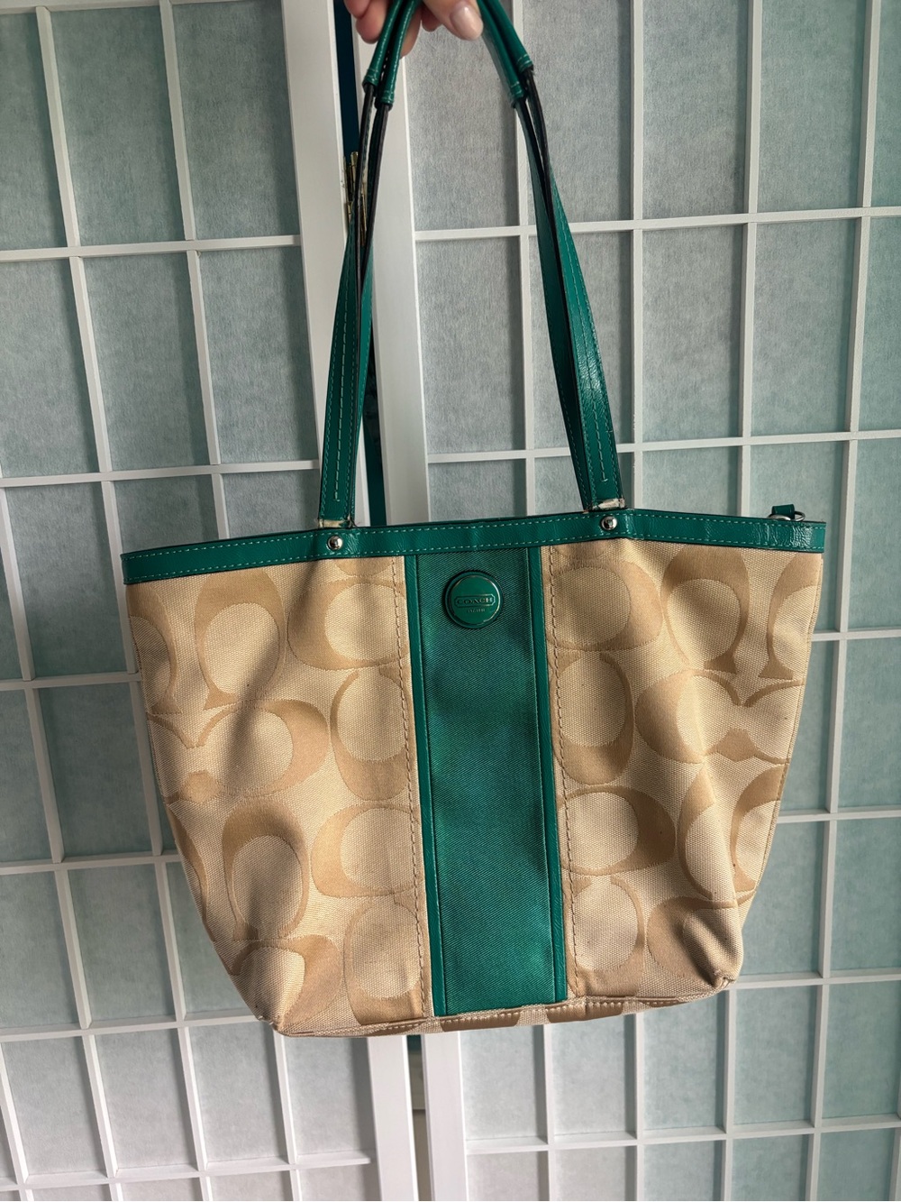 Coach Beige Signature Canvas Tote with Green Leather Trim